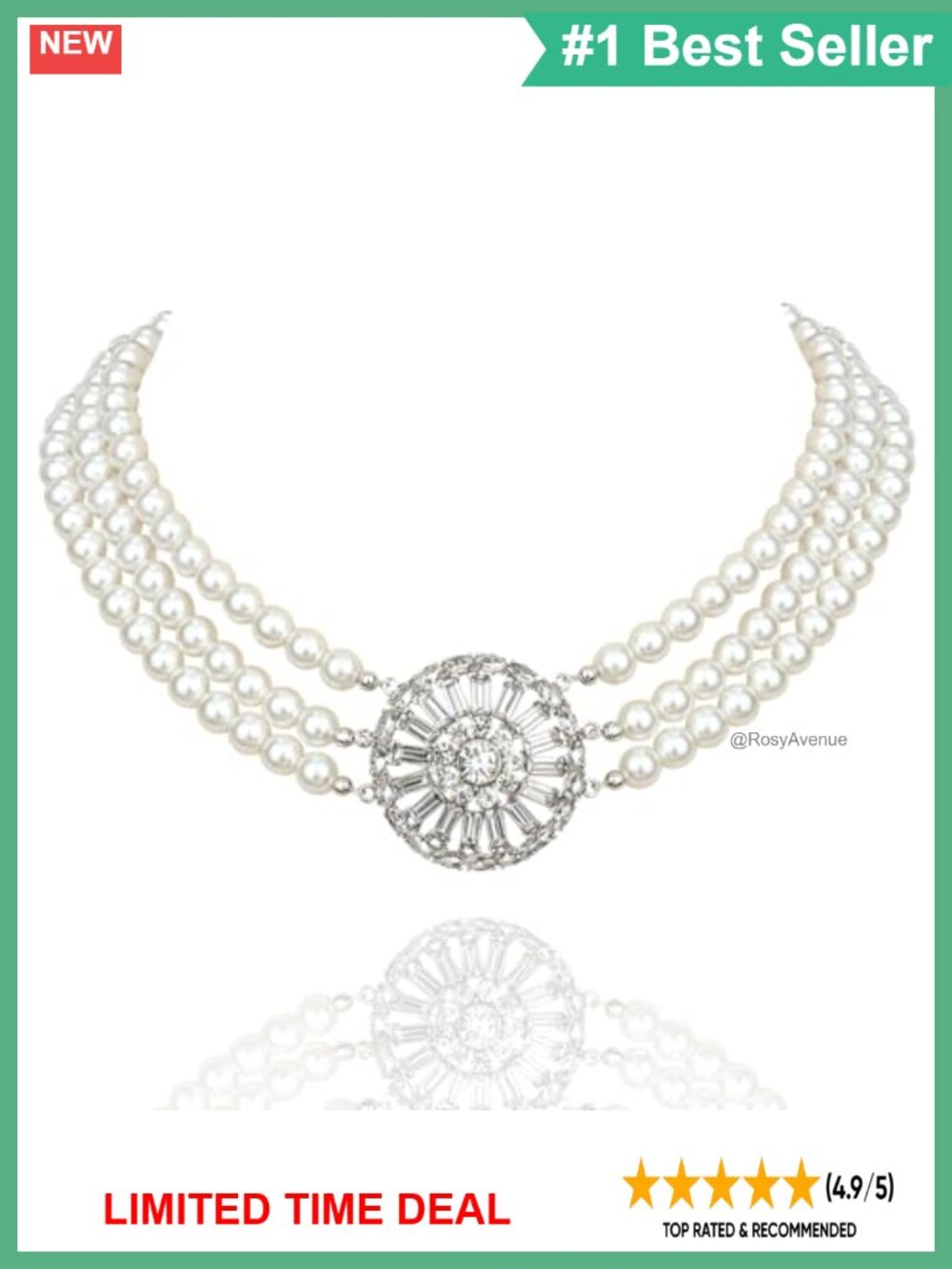 Pearl Rhinestone Choker Necklace 3-Strand Gatsby Bridal Jewelry